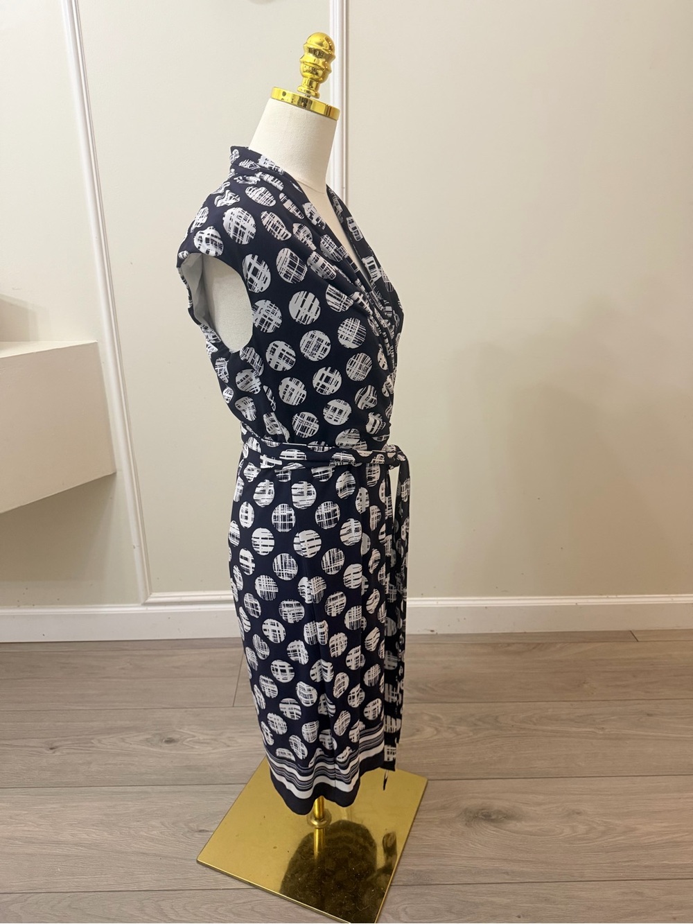 Eliza J Navy and White Wrap Midi Dress with Geometric Polka Dot Medallions - Picture 4 of 7